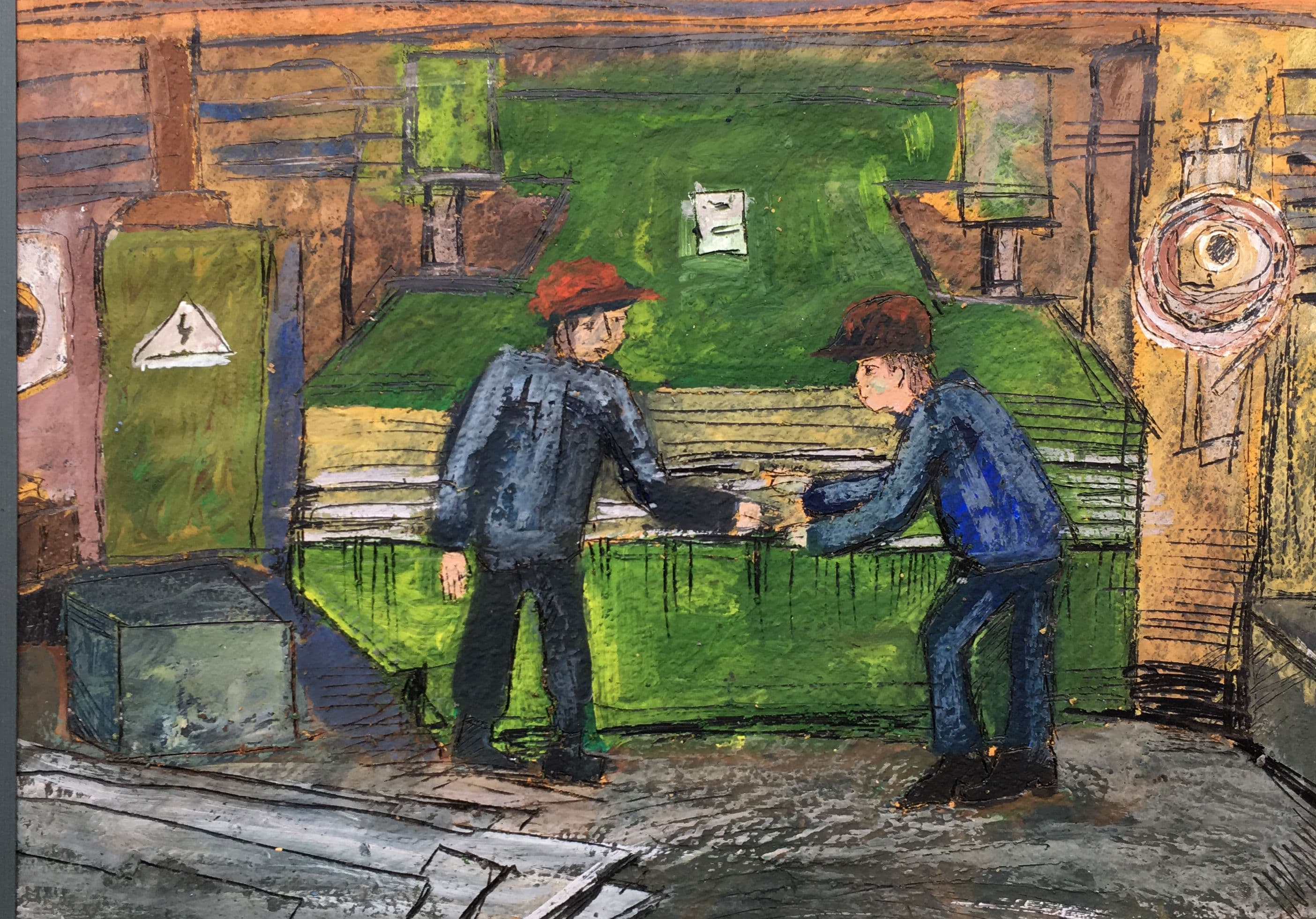 Волкова Ольга. 14 лет. «Рабочие у станка», воскография. Преподаватель [О. Д. Гоголева] Шлиссельбургская ДХШ(/teacher/od-gogoleva)