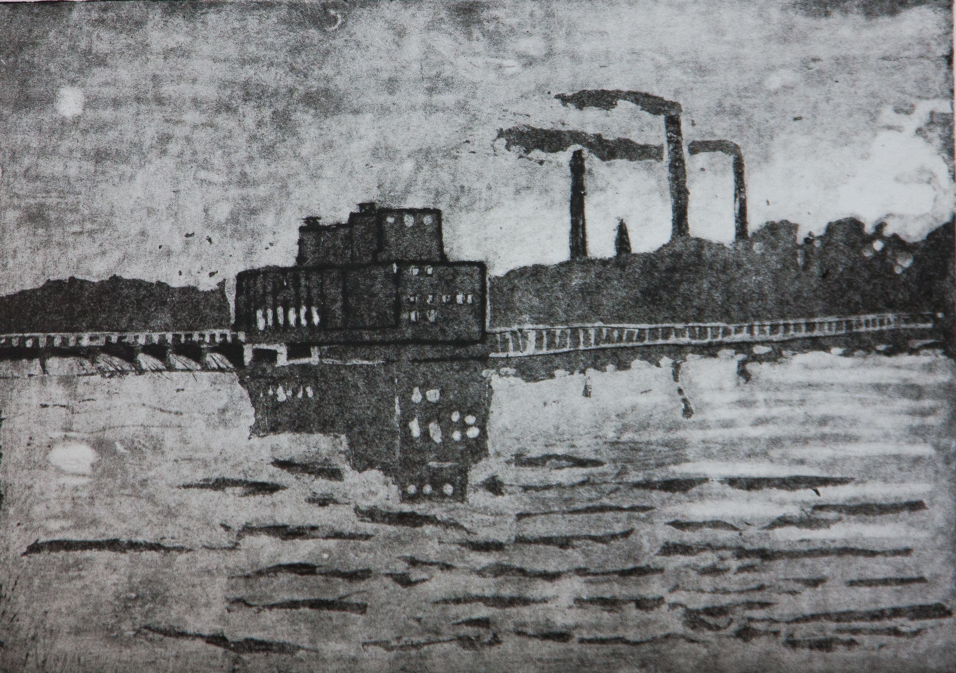 "Вечерняя ГЭС", Лисенков Евгений, гравюра на картоне, преп. Воронова В. В.