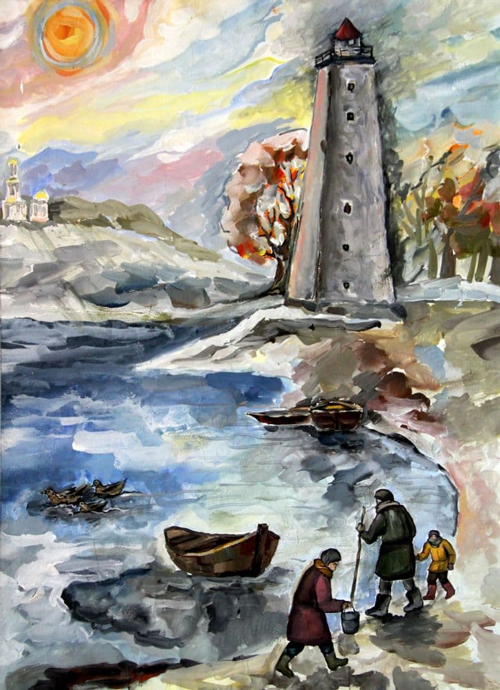 Макарова Виолетта. 12 лет. "Кронштадт. Маяк", гуашь. Преподаватель Н. А. Мельникова