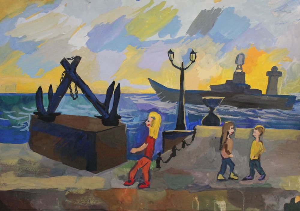 Уткин Сергей. 10 лет. "Кронштадт. Петровская пристань". гуашь. Преподаватель Н. В. Малевинская