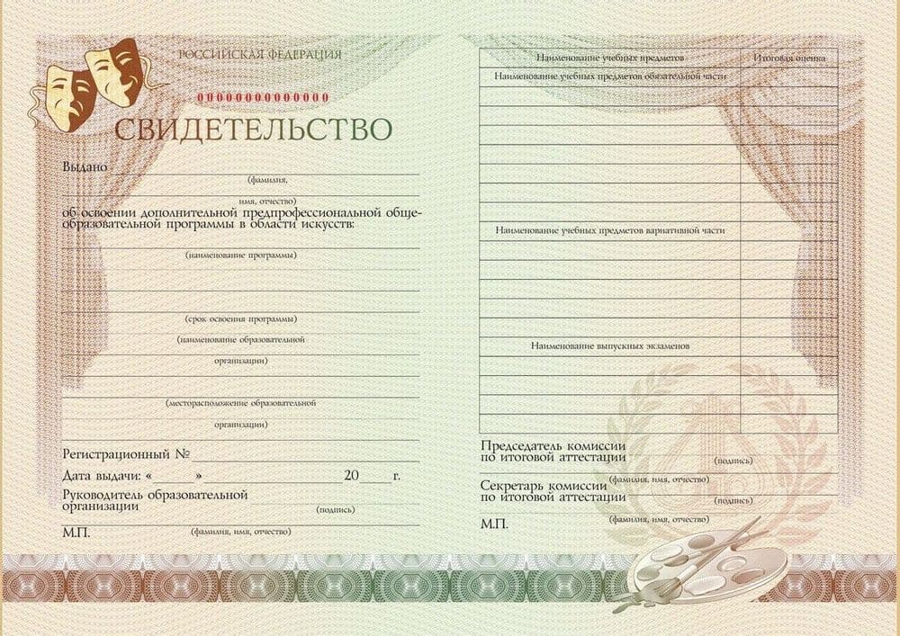Свидетельство об освоении дополнительных предпрофессиональных программ в области искусств (Приказ Минкультуры № 975 от 10.07.2013г.)