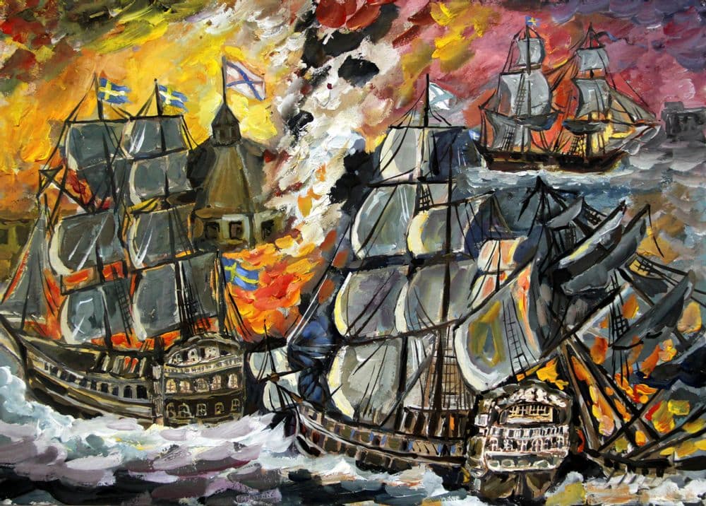 Курилин Максим. 11 лет. "Битва у форта Константин в июне 1704 года", гуашь. Преподаватель Н. А. Мельникова