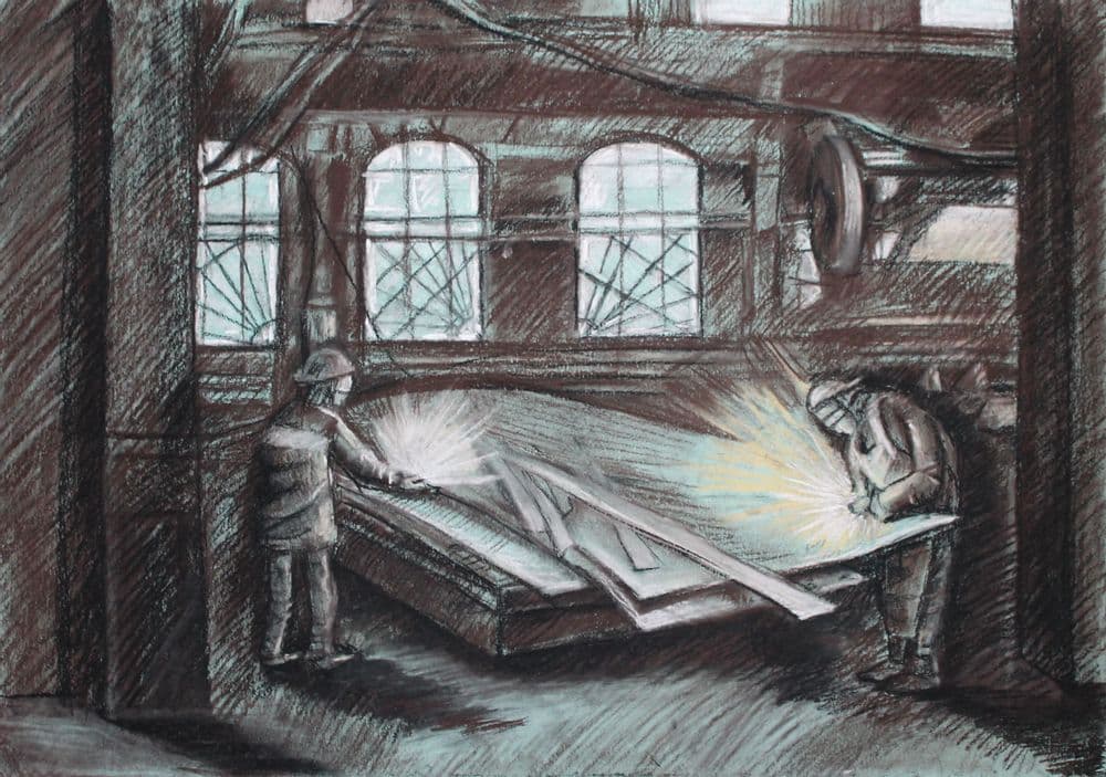 Никитенко Анастасия. 12лет. Индустриальная тема. «Шлиссельбург. Невский судостроительно-судоремонтный завод», соус, пастель