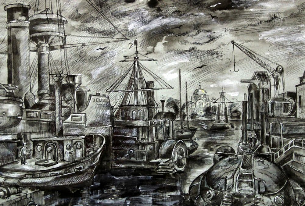 Сарлевич Кристина. 14 лет. "Кронштадт", тушь. Преподаватель Н. А. Мельникова