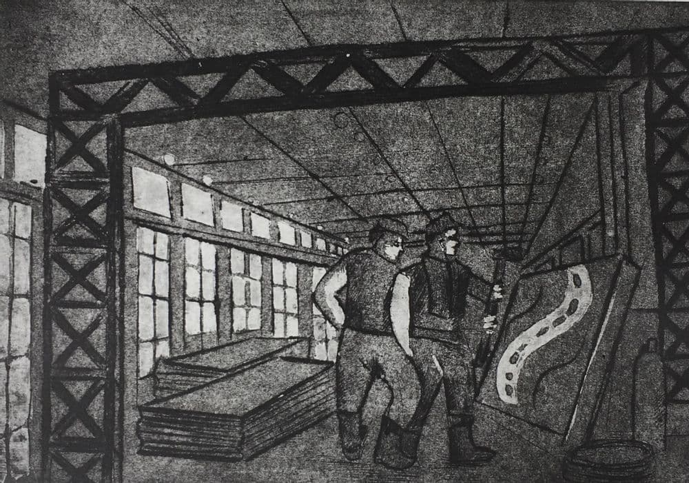 Кочурова Ксения. 14 лет. «Важное дело», гравюра на картоне. Преподаватель [В. В. Воронова](/teacher/vv-voronova)
