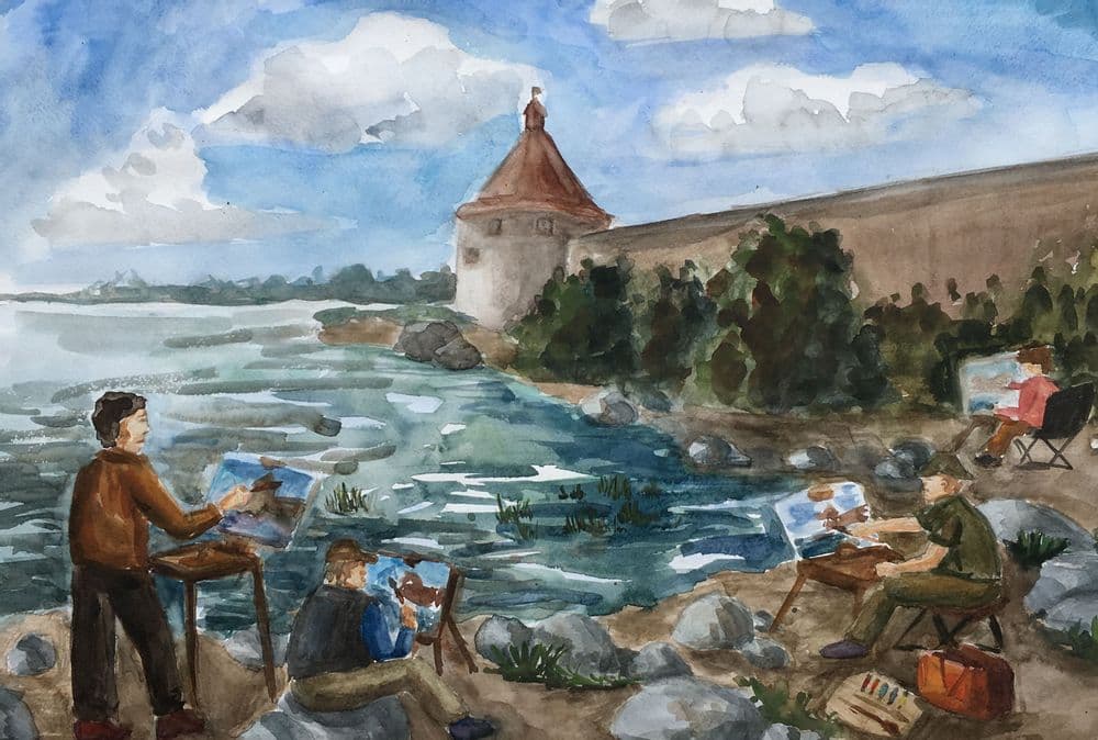 Владимирова Анастасия. 15 лет. «Пленэр у крепости Орешек», акварель. Преподаватель А. Ю. Орлова