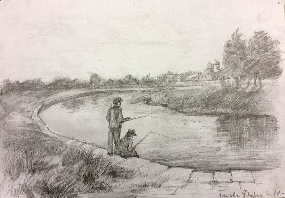 «Рыбалка на реке Тихвинке», Белова Дарья (12 лет), карандаш, преп. С. А. Латыпова