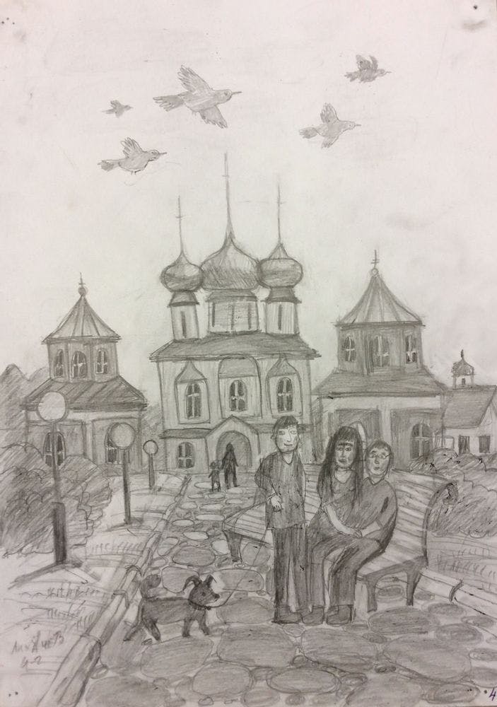 «Прогулка по монастырю», Лихачев Тихон (12 лет), карандаш, преп. С. А. Латыпова