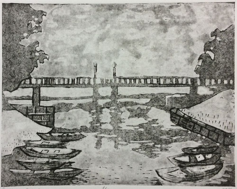 «Лодочки на канале», Внукова Диана (13 лет), гравюра на картоне, преп. Воронова В. В.
