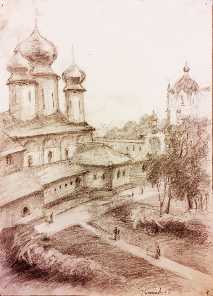 «Монастырский двор», Михеева Дарья (13 лет), карандаш, преп. С. А. Латыпова