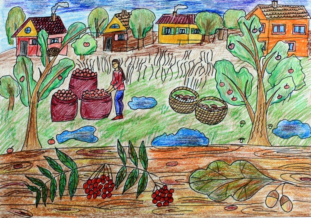 "Осенний урожай", Мошкина Полина (10 лет), цветные карандаши, маркер. Преп. Рец А. Ф.